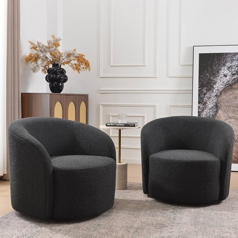 Amazon.com: KINWELL 34" W Swivel Barrel Chair Set of 2, Mid Century Modern  Round Upholstered Boucle Swivel Accent Chairs, No Assembly Sofa Chair for  Living Room Bedroom Reading, Black : Home &
