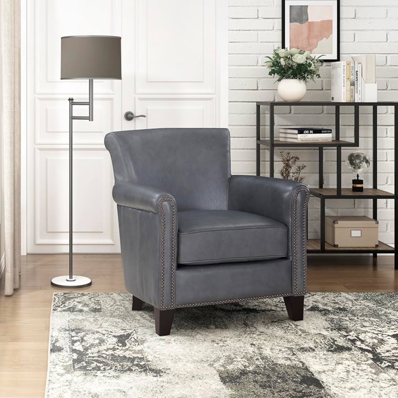 Amazon.com: Lexicon 100% Top Grain Genuine Leather Chair, Leather Accent  Chairs for Living Room, Solid Wood Frame, Rolled Armrest & Nailhead Trim,  Comfy Reading for Bedroom, Office, Waiting Room, Burnish Gray :