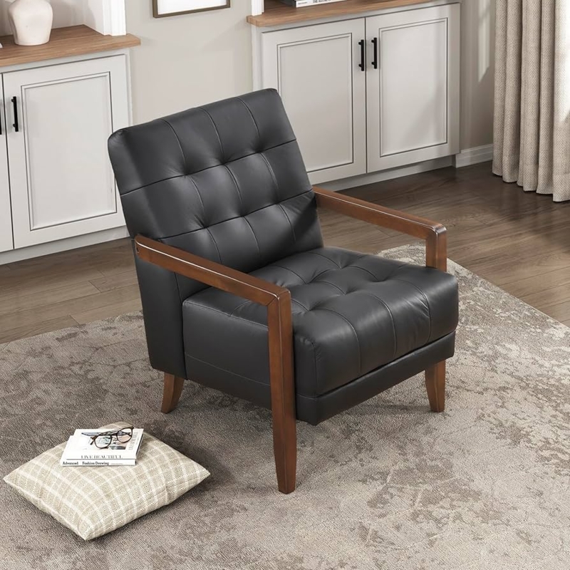 Amazon.com: Lexicon Modern Accent Chair, Luxury Genuine Leather Match  Living Room Chair with Tufted Cushions, Solid Wood Frame and Arm Rest,  Comfy Upholstered Single Seat for Bedroom/Reading/Office, Black : Home &  Kit
