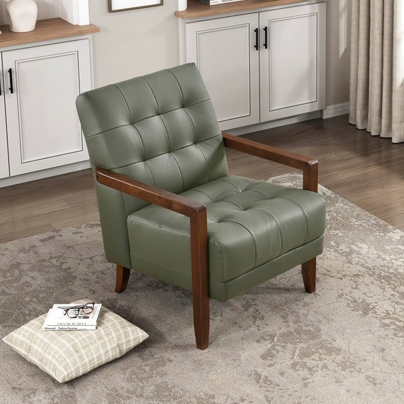 Amazon.com: Lexicon Modern Accent Chair, Luxury Genuine Leather Match  Living Room Chair with Tufted Cushions, Solid Wood Frame and Arm Rest,  Comfy Upholstered Single Seat for Bedroom/Reading/Office, Green : Home &  Kit