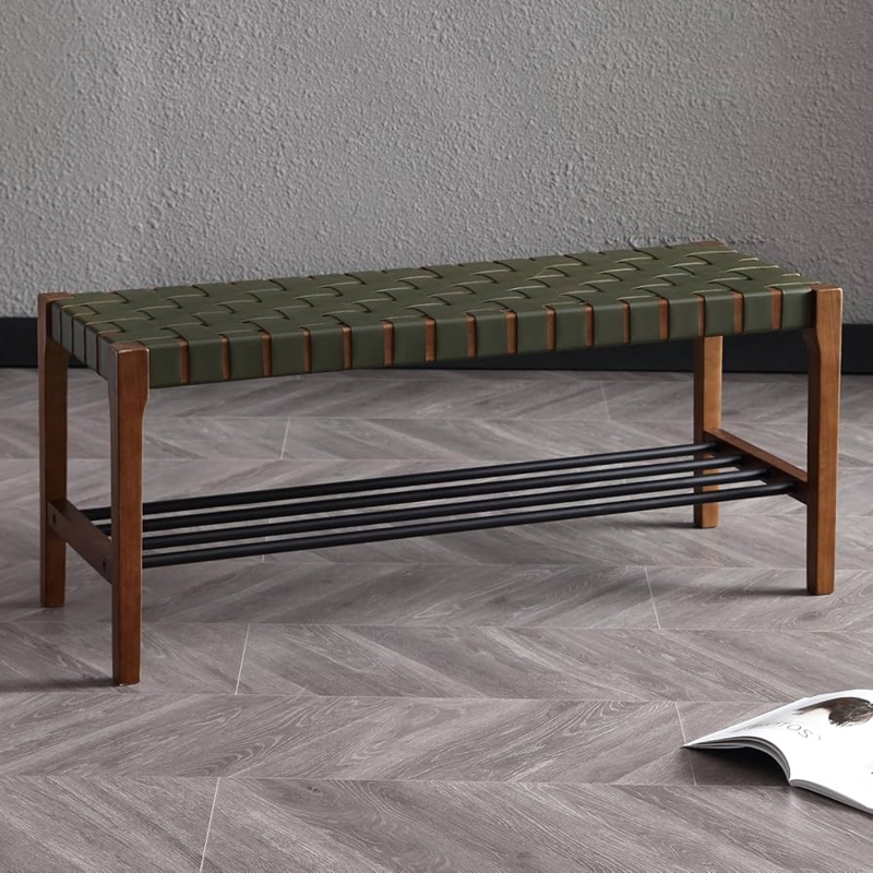 Amazon.com: LZAREAL Rustic Wood Entryway Bench 45 Inch Woven Bench, Indoor  Boho Accent Bench with Faux Leather Strips & Metal Shoe Rack, Small Bench  for Living Room/Bedroom/Hallway/Foyer/End of Bed, Green : Home