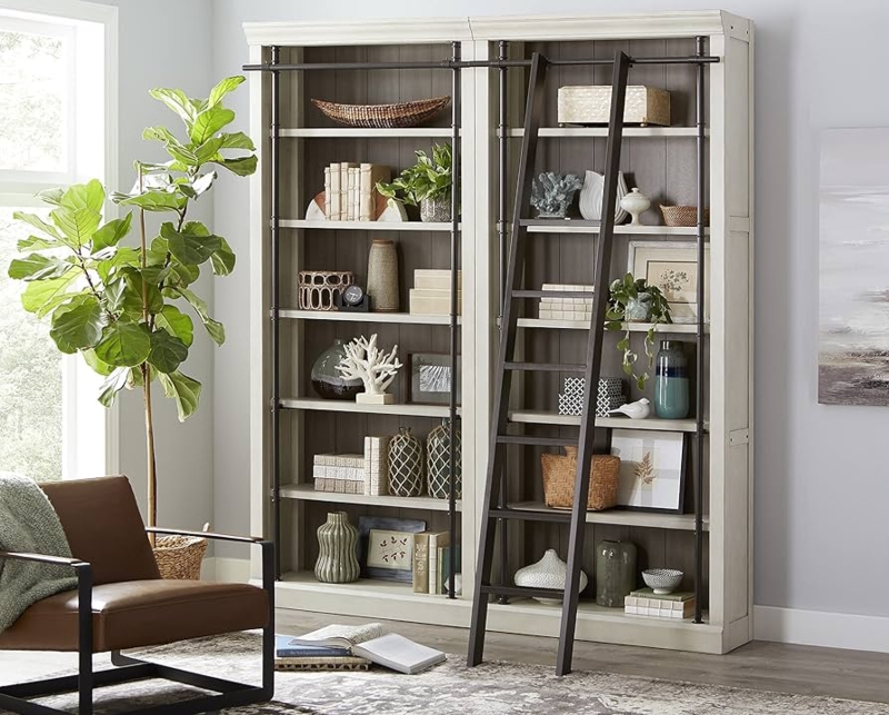 Amazon.com: Martin Furniture Traditional 8' Tall Wood Bookcase Wall with  Ladder Aged Office Bookcases White : Home & Kitchen