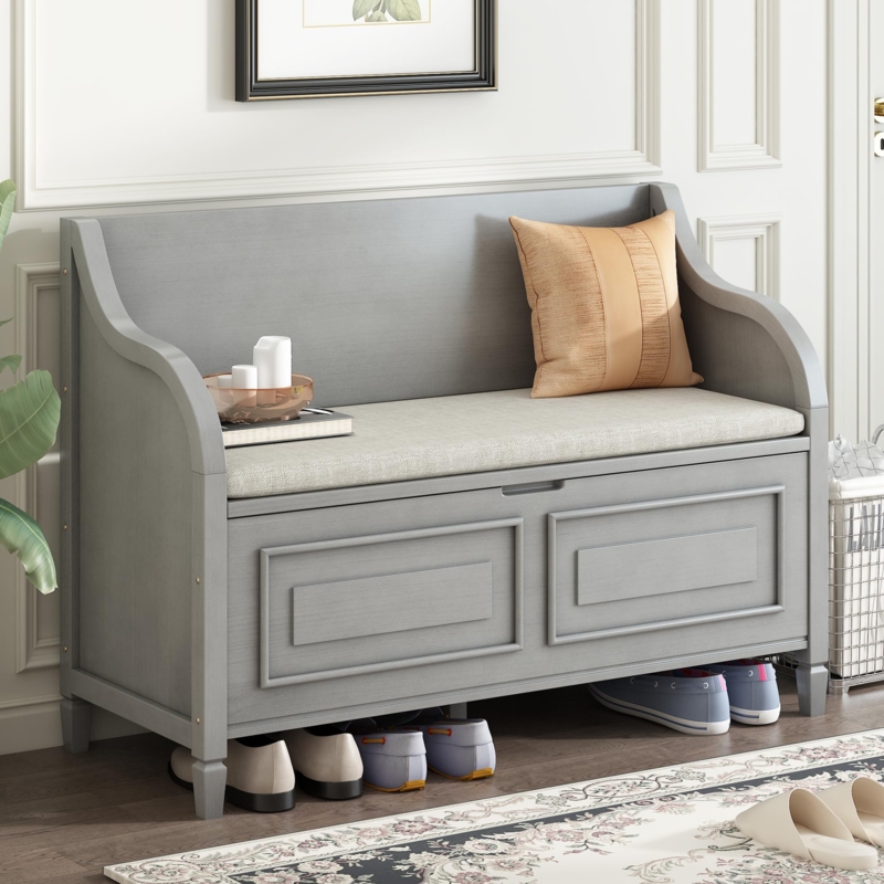 Amazon.com: Mirightone Storage Bench with Backrest, Rustic Entryway Benches  with Cushion and Hinged Lid, Mudroom Bench with Storage and Seating for  Entryway, Hallway, Living Room (Grey Wash) : Home & Kitchen