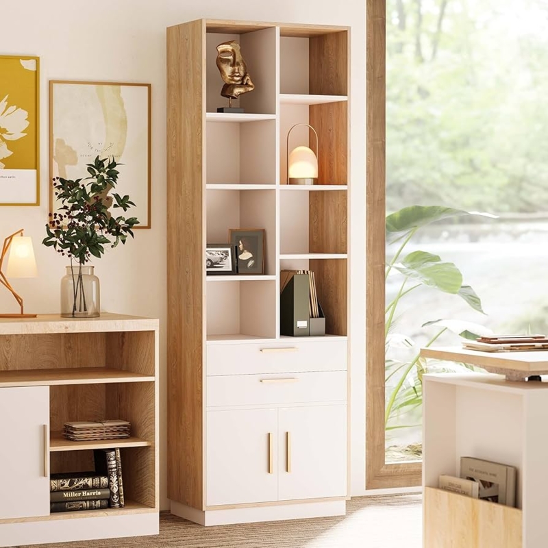 Amazon.com: ModernMate Wood Bookcase with 2 Drawers and Doors, 8 Storage  Cubes, 73.3" Tall Bookshelf, Modern Bookcases, Wooden Bookshelves for Home  and Office, Living Room, Study, Light Walnut : Home & Kitchen