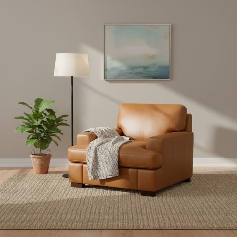 Amazon.com: Siggy 400 LBS Capacity Genuine Leather Accent Chair  Goose  Feather Cushion Filling for Cloud-Like Comfort, Easy Assembly, Tan  Mid-Century Modern Single-Seat Sofa for Living Room : Baby