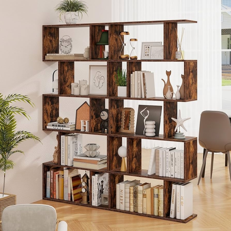 Amazon.com: SILKYDRY 5 Tier Geometric Bookcase, S Shaped Bookshelf, Modern  Decorative Storage Shelving, Wooden Room Divider Bookcase, 62.5" Tall  Staggered Display Book Shelf for Living Room (2, Rustic Brown) : Home &  