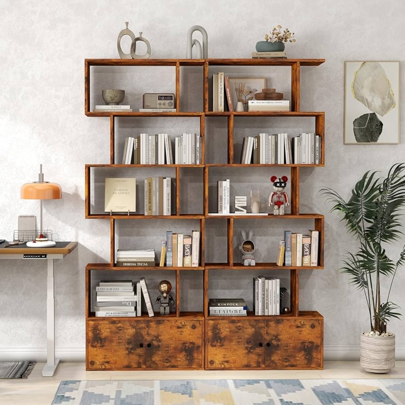 Amazon.com: SILKYDRY 6-Tier Geometric Bookcase with Cabinet, 72 Inch  Freestanding Room Divider Bookshelf, S-Shaped Open Display Book Shelf for  Bedroom, Modern Bookcases with Doors and Shelves (2, Rustic Brown) : Home &