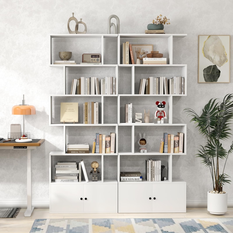 Amazon.com: SILKYDRY 6-Tier Geometric Bookcase with Cabinet, 72 Inch  Freestanding Room Divider Bookshelf, S-Shaped Open Display Book Shelf for  Bedroom, Modern Bookcases with Doors and Shelves (2, White) : Home & Kitche
