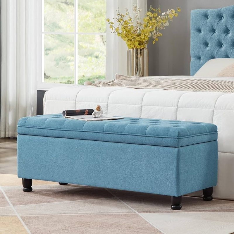 Amazon.com: SLEERWAY Light Blue Storage Bench for Bedroom, 45" Modern Linen  Upholstered Ottoman Bench End of Bed, Button Tufted Benches with Seating  Large Storage Space and Wood Legs for Living Room, Entryway :