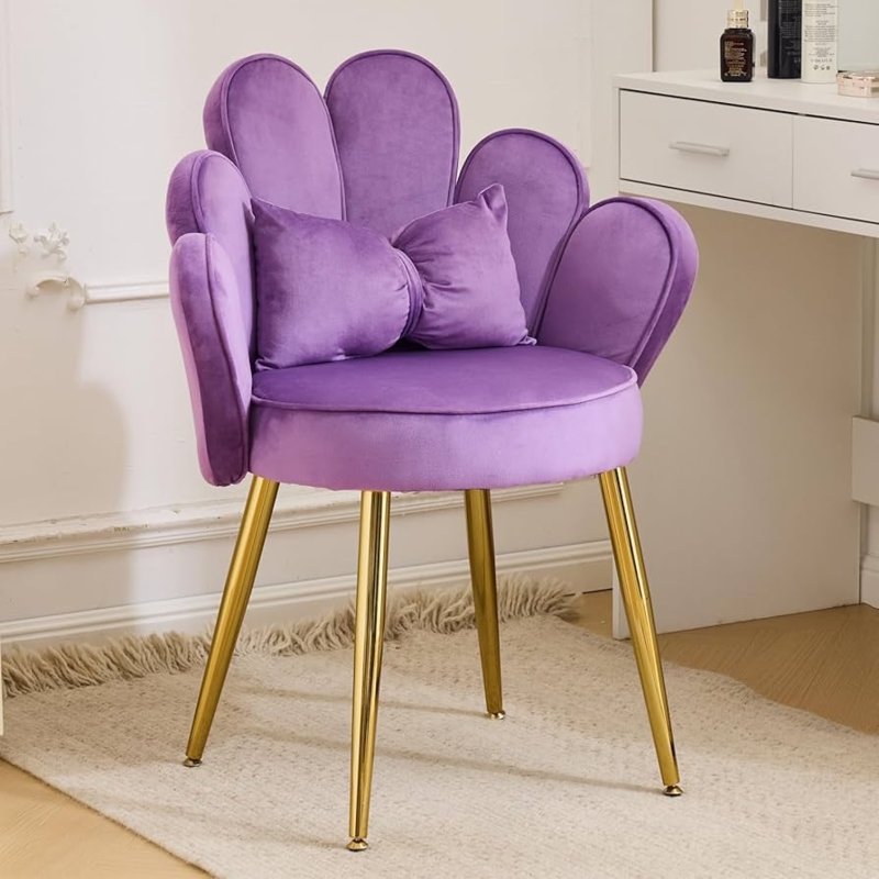 Amazon.com: VINGLI Petal Makeup Vanity Chair with Back,Flower Cute Girls  Desk Chair Comfy No Wheels,Modern Dining Chair,Small Accent Chair with  Adustable Gold Legs&Bow Pillow for Home Office,Bedroom,Velvet,Purple : Hom