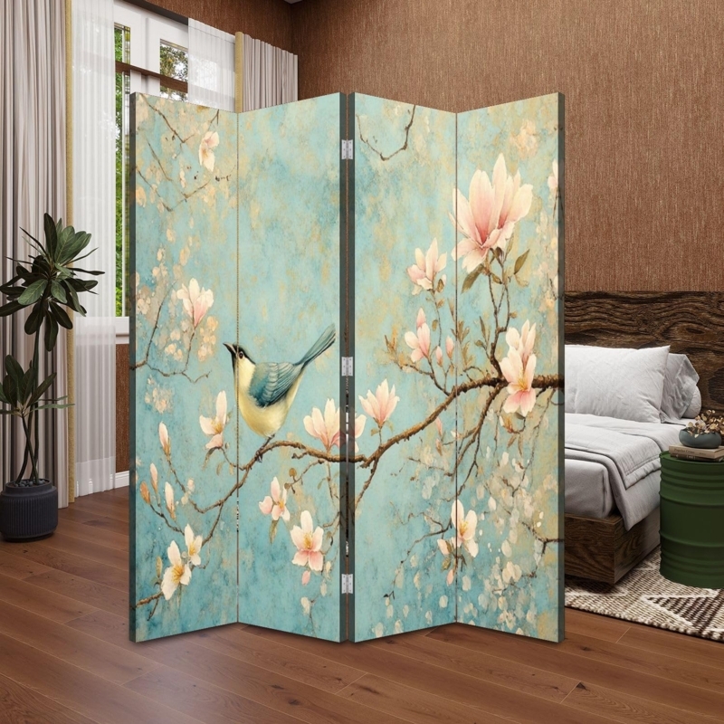 Amazon.com: Wood Screen Room Divider Vintage Flower Bird Magnolia Floral  Cherry Blossoms Branches Blue Folding Screen Canvas Privacy Partition  Panels Dual-Sided Wall Divider Indoor Display Shelves 4 Panels : Home &  Ki