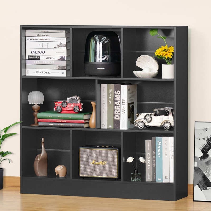 Amazon.com: YAHARBO Black Wide Bookshelf,3 Tier Modern Horizontal Bookcase,Wood  Low Bookshelves Display Storage Cabinet with Base,Floor Standing 8 Cube  Large Bookcases Organizer for Bedroom,Living Room,Office : Home & 