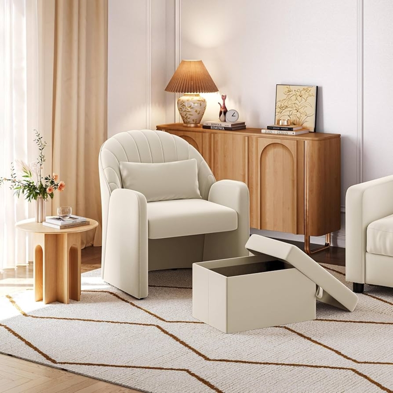 Amazon.com: Yaheetech Small Barrel Accent Chair with Footrest, Velvet  Modern Comfy Cute Elegant Reading Chairs with Lumbar Pillow Storage Box for  Living Room Bedroom, Beige : Home & Kitchen
