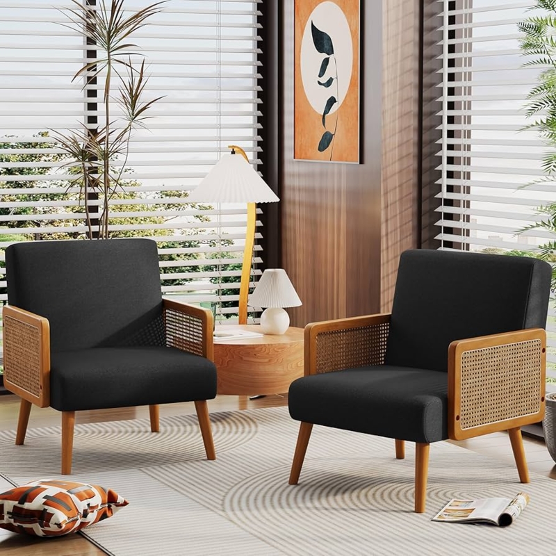 Amazon.com: Yongqiang Black Linen Accent Chairs Set of 2, Natural Rattan  Upholstered Arm Chairs for Bedroom Living Room Side Chairs Comfy Reading  Chair : Home & Kitchen