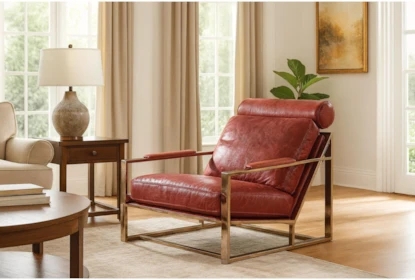 Antique Red Leather Sled Base Accent Chair with Square Tufting