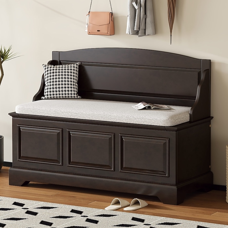 Arched Back Espresso Storage Bench with Paneled Base
