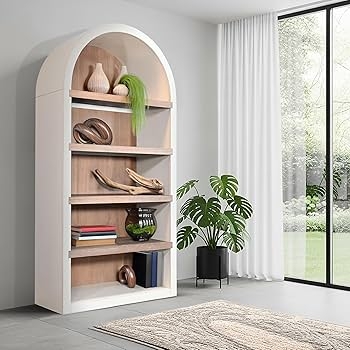 Arched Bookcase Marble White Finish Contrasting Back Panel Display