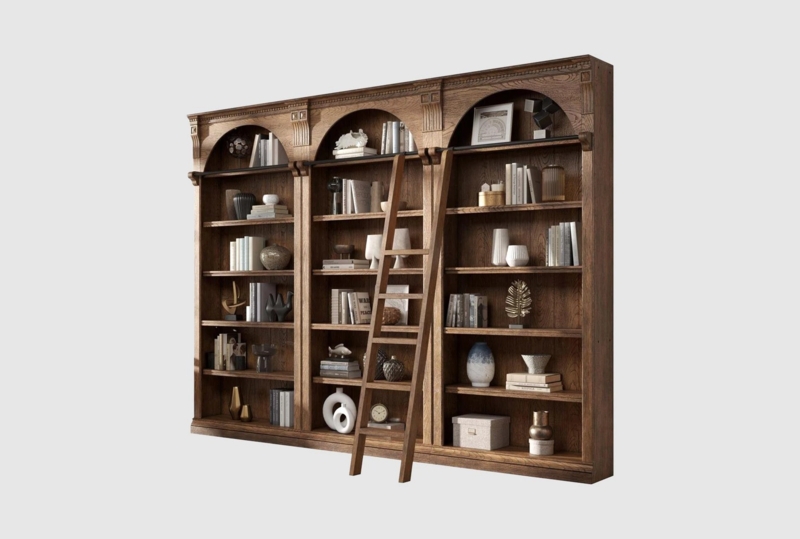 Arched Bookcase Set Glass Doors Rolling Library Ladder Traditional Wall