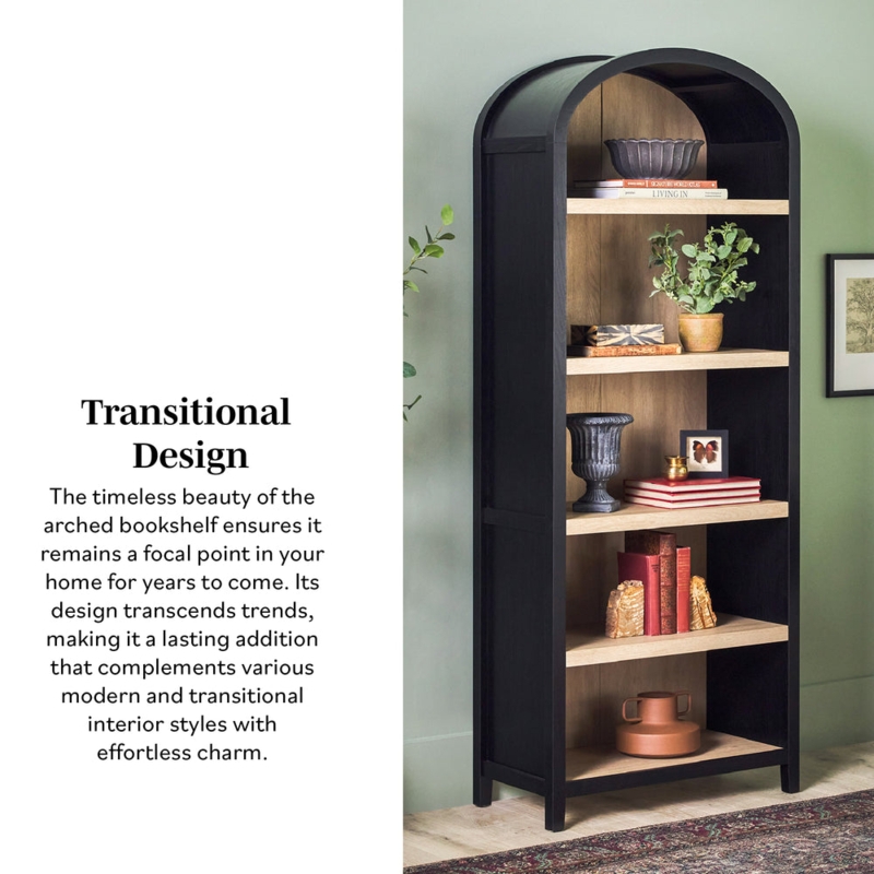 Arched Bookshelf Matte Black Five-Tier Open Back Design Modern