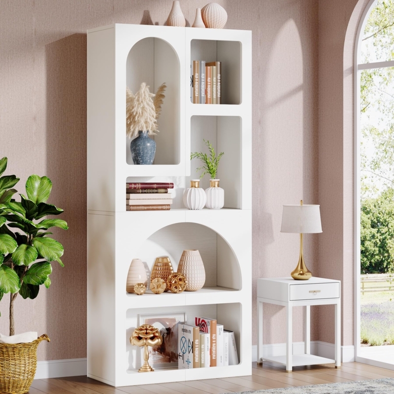 Arched Bookshelf White Geometric Open Display Shelf
