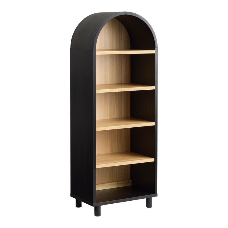 Arched Bookshelf with Two-Tone Design, Charcoal Black and Natural Wood