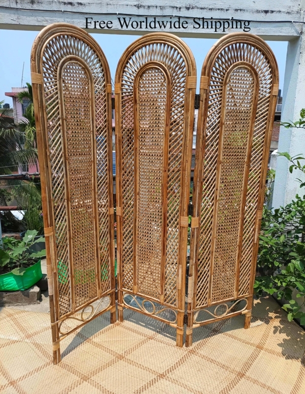 Arched Cane Room Divider featuring Rattan Scrollwork Base