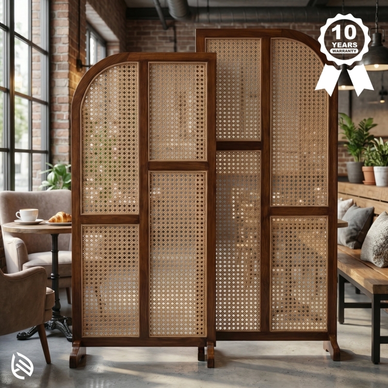 Arched Folding Screen with Staggered Height Cane Panels