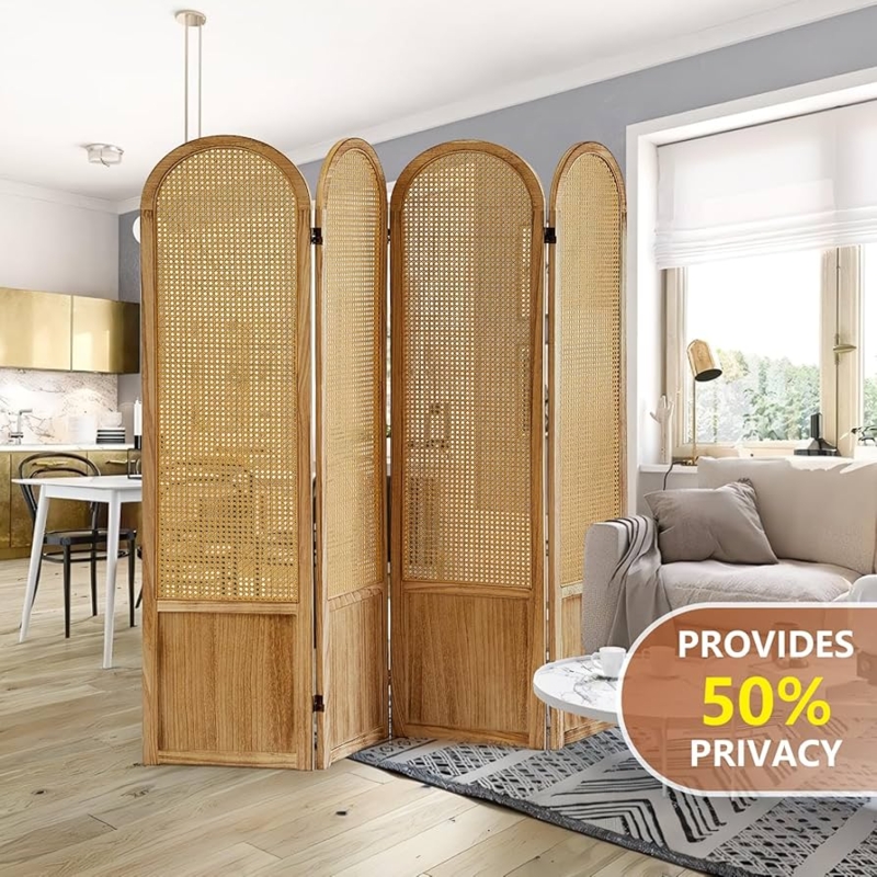 Arched Four-Panel Privacy Screen with Double-Hinged Foldable Design