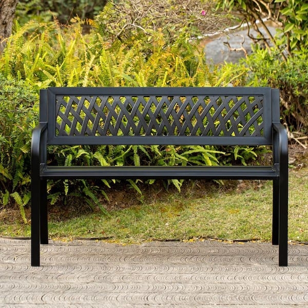 Arched Garden Bench Black Metal Slatted Back for Patio Seating Idea