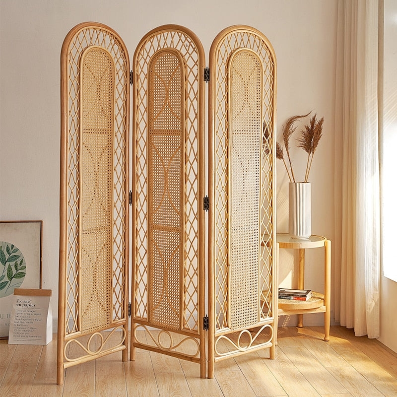 Arched Japandi Room Divider featuring Cane Webbing and Lattice Frame