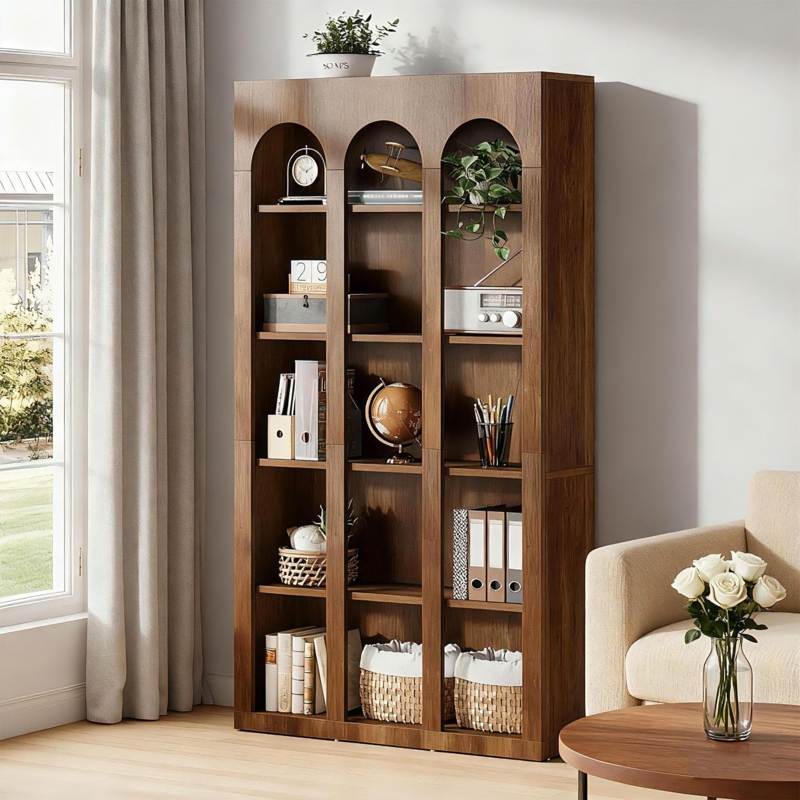 Arched Open Bookcase, Rustic Brown Wood & Black Metal, Five-Tier