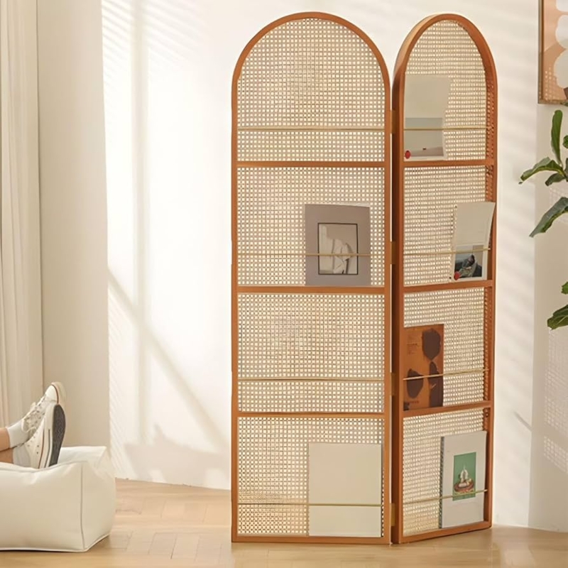 Arched Rattan Folding Screen with Integrated Magazine Shelves