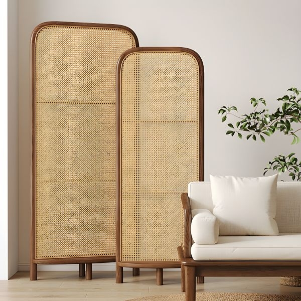 Arched Rattan Room Divider Walnut Wood Frame Woven Cane Screen