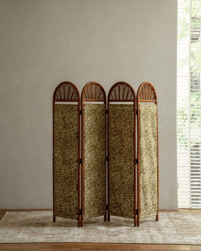Arched Rattan Room Divider with Botanical Fabric Inlay