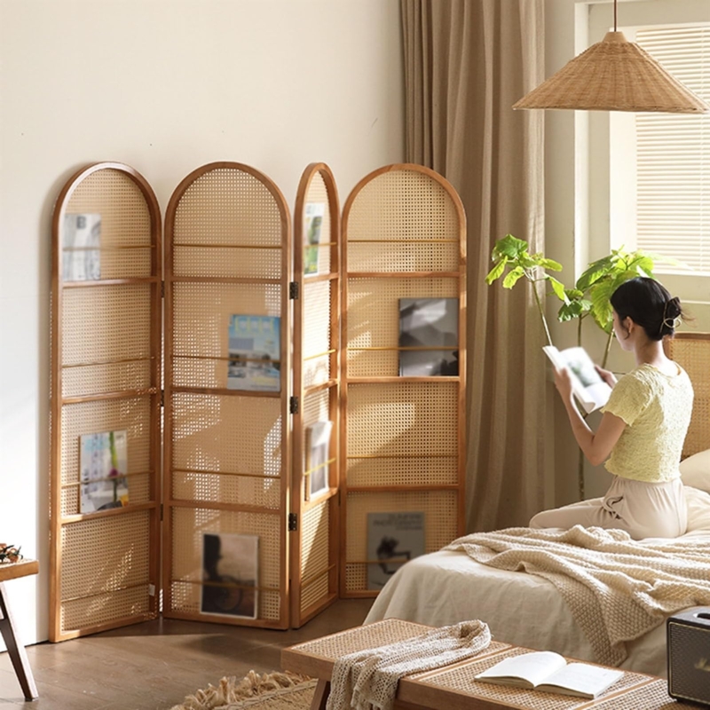 Arched Rattan Room Divider with Integrated Shelves for Boho Bedroom