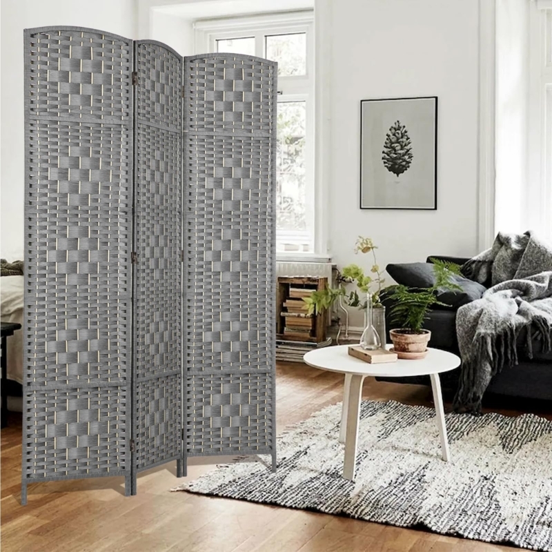 Arched Room Divider Grey Woven Fiber Basketweave Screen