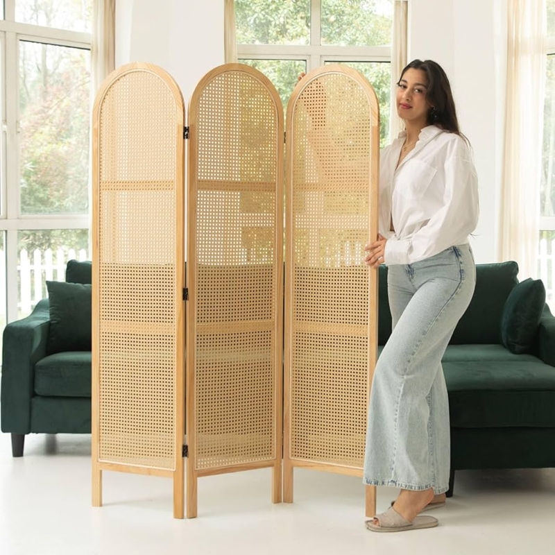 Arched Room Divider with Cane Webbing and Natural Wood Finish