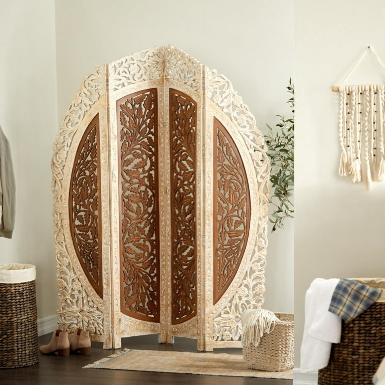 Arched Room Divider with Two-Tone Finish and Floral Carvings