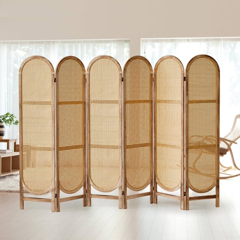 Arched Six-Panel Privacy Screen with Woven Cane Inserts
