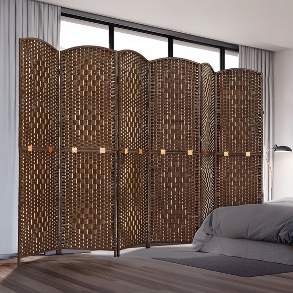 Arched Top 6 Panel Room Divider, Dark Woven Folding Privacy Screen