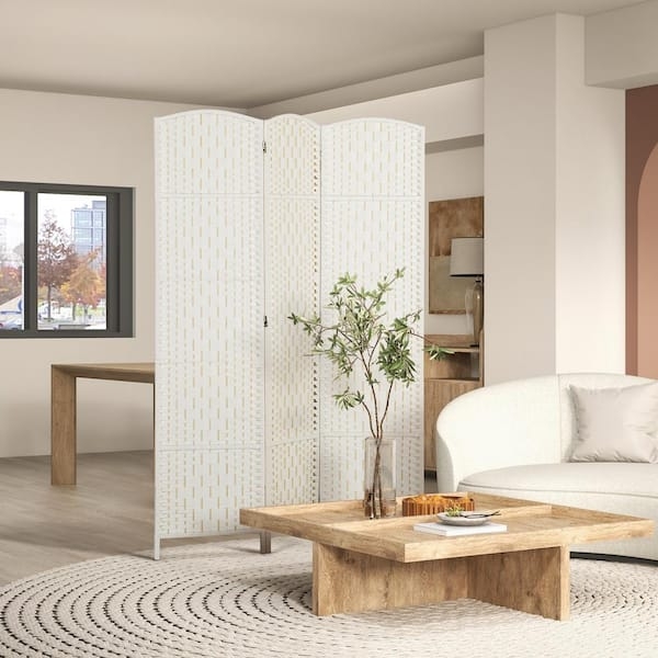 Arched Top Folding Screen. White Woven Folding Privacy Partition.