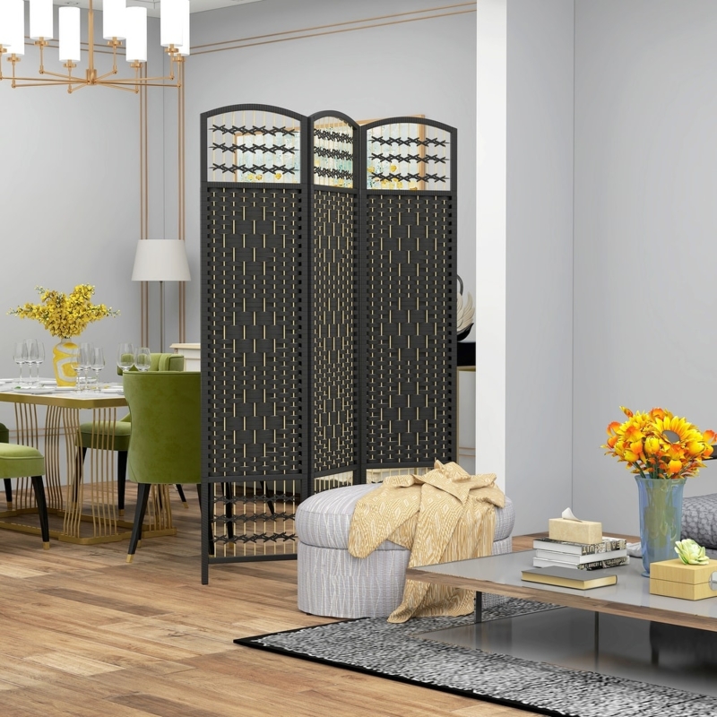 Arched Woven Fiber Folding Partition Three Panel Open Weave Black