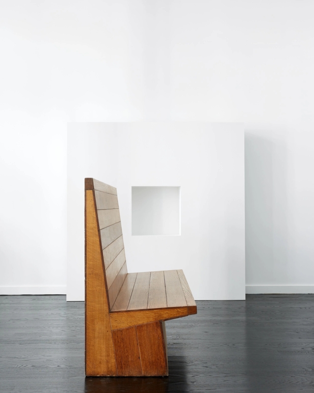 Architectural High Back Bench, Slatted Back, Solid Base, Minimalist Brutalist