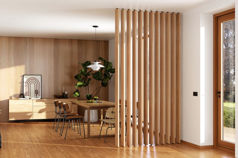 Architectural Partition Room Divider, Vertical Wood Slats, Light Tone