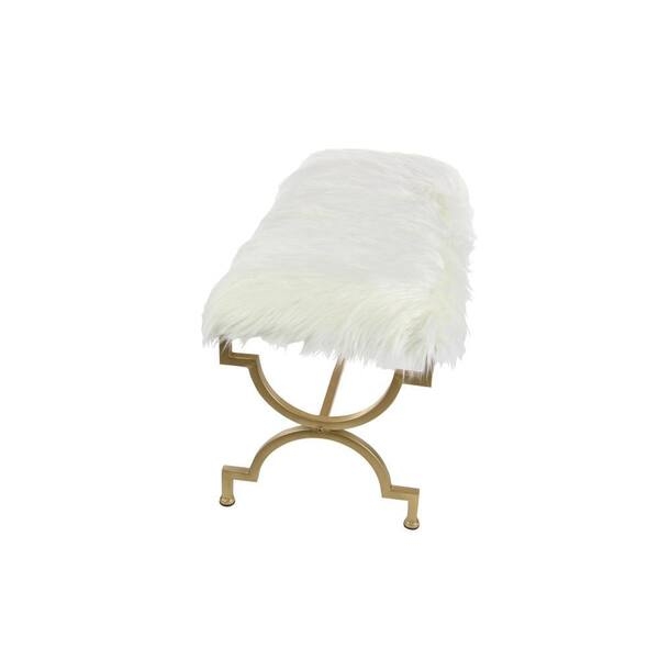 Architectural White Faux Fur Bench Gold X-Base Stepped Feet