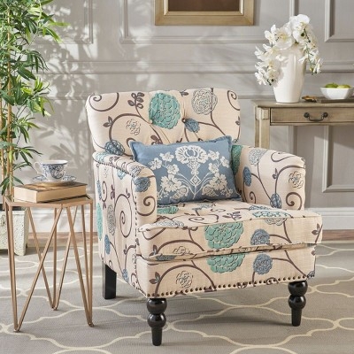 Armchair Beige Blue Floral Club with Nailhead Accents