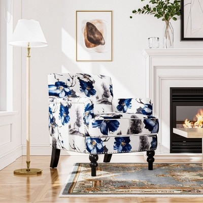Armchair Blue White Floral Club with Nailhead Trim and Rolled Arms