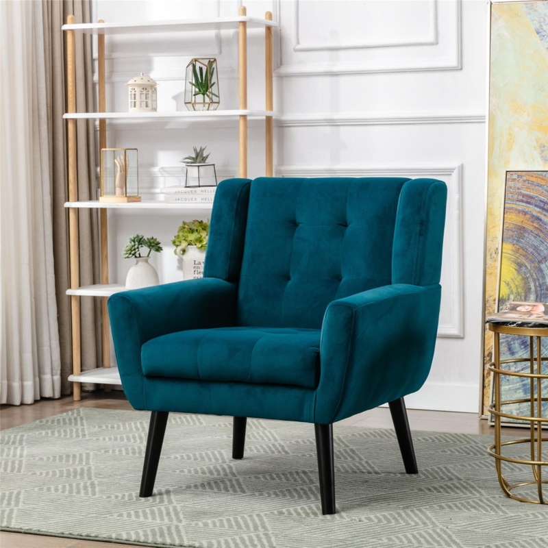 Armchair Button Tufted Teal Velvet Splayed Legs Mid Century Modern