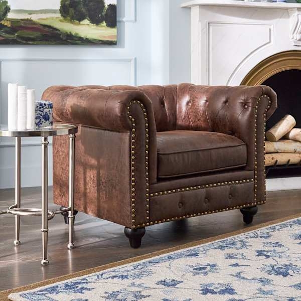 Armchair Chesterfield Leather-Like Button Tufting Nailhead Trim