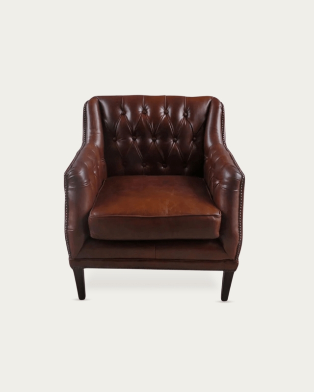 Armchair Leather-Like Chesterfield Cognac Brass Nailhead Trim